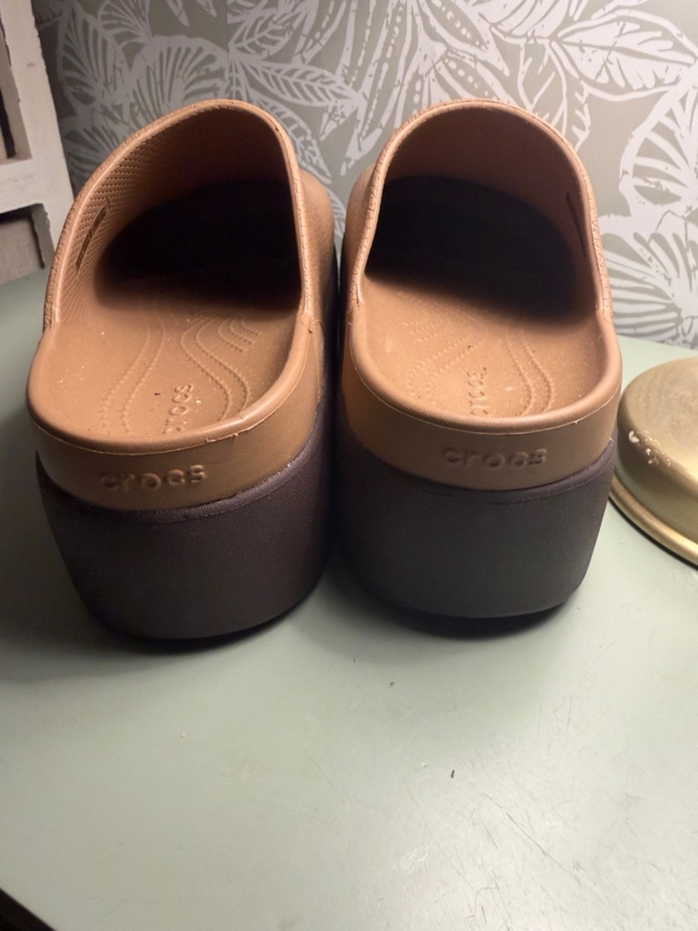CROCS Slide Platform Clog in Tan Upper with Brown Sole - Picture 4 of 6